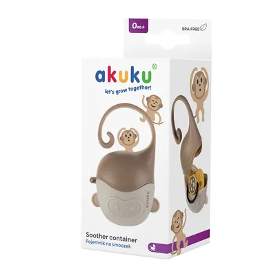 Cutiuta pentru suzete Akuku Maimutica cu agatatoare,materiale sigura fara bpa, codita tip maner special ce permite agatarea la caruciorpatutscaun auto, dimensiune 13x8,5x5,5 cm
