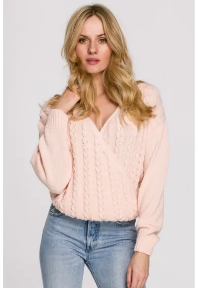 Pulover cu design cu torsade - Roz deschis