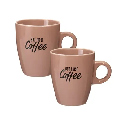 Set 2 căni Excellent Houseware, 220 ml, ceramică, „BUT FIRST Coffee”