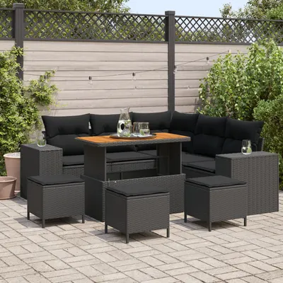Set de canapea pentru gradina Gossi cu 8 piese cu perne negru ratan polimer acacia, set de dining pentru gradina Gossi cu 3 piese cu perne negru ratan polimer acacia