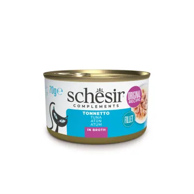 SCHESIR Complementary In Broth, Ton, conservă hrană umedă pisici, (în supă), 70g