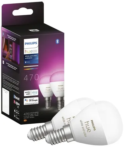 Becuri inteligente Philips - Hue Ambiance, 5.1W, E14, P45, RGB, 2 bucăți, dimmer