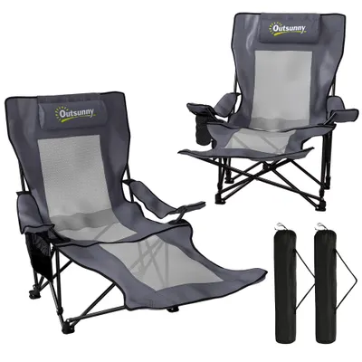 Outsunny Set de 2 scaune camping pliabile, scaun pescuit cu spătar reglabil, suport picioare, suport băuturi, pernă cap, Gri închis | Aosom Romania