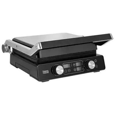 Grill electric TEESA TSA3239, 2000 W, 7 pozitii pentru gratar, Afisaj LED, Placi antiaderente cu striatii, Tava de colectare detasabila (Negru/Inox)