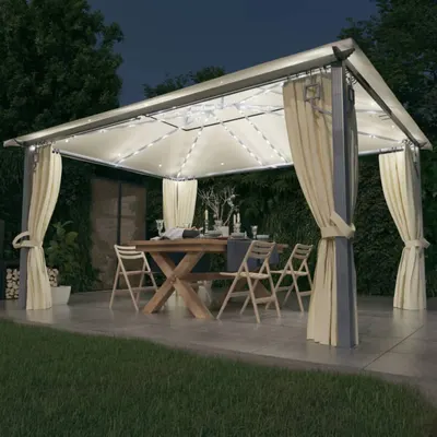 Gossi pavilion cu perdele & siruri lumini led, crem, 4x3 m, aluminiu