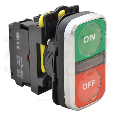 Buton dublu pornit-oprit,ON-OFF, verde+rosu, iluminat NYG3-DL2 1×NO+1×NC, 5A/230V AC-15, IP65, LED 230V AC/DC