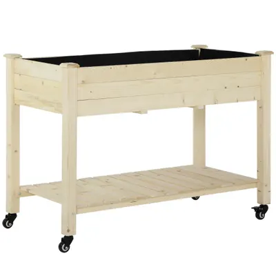 Outsunny Pat Grădină Legume Înălțat Lemn cu Roți, Jardiniera Înălțată cu Raft Inferior, 118x55x83cm, Natural | Aosom Romania