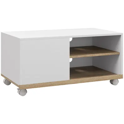 HOMCOM Dulap TV 42" Max cu 2 Rafturi deschise si Usa, Dulap TV Jos din PAL cu Roti, 80x45x39.5 cm, Alb | Aosom Romania