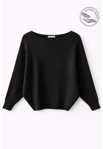 Pulover dama supradimensionat - cu guler barca - negru - tricotat - 94% poliester - 6% lana