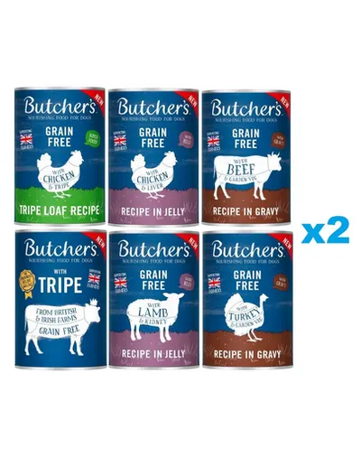 BUTCHER'S Original Mix arome 12x400g sos (vita, curcan) jeleu (pui, miel) pate (rumen, pui si rumen)