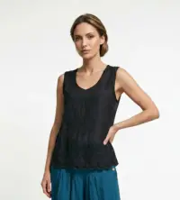 Top din bumbac cu broderie florala si dantela, negru