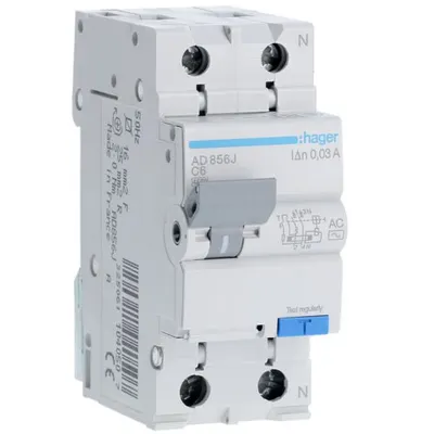 Disjunctor diferential RCBO 1P+N 6A/30mA curba C tip AC 4.5kA Hager AD856J