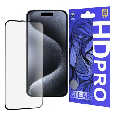 Folie de protectie Ecran Lito HD Pro Clear pentru Apple iPhone 15 Pro, Sticla Securizata, Full Glue, Neagra