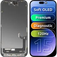 Display cu Touchscreen MP compatibil cu Apple iPhone 15, cu Rama, Versiune Premium Soft OLED FHD 120Hz Diagnostic, Negru