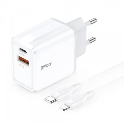 Incarcator Retea Cu Cablu Lightning BWOO CDA182, 38W, 3A, 1 x USB-A - 1 x USB-C, Alb