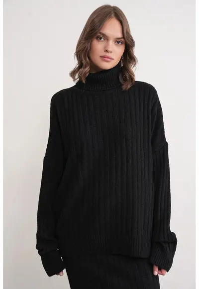 Pulover dama - Guler inalt - Tricot - Negru