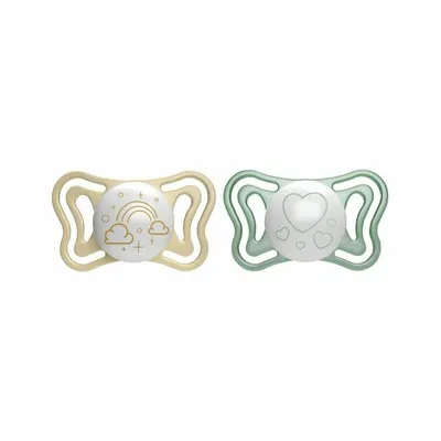 Set 2 suzete bebelusi, Chicco, Physio Light Glow, Ortodontice, Silicon moale, Extra ventilate, Fosforescente, Fara BPA, 2-6 luni, Galben/Verde