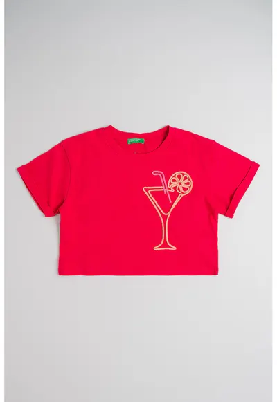 Tricou din bumbac cu broderie - Portocaliu/Roz zmeuriu
