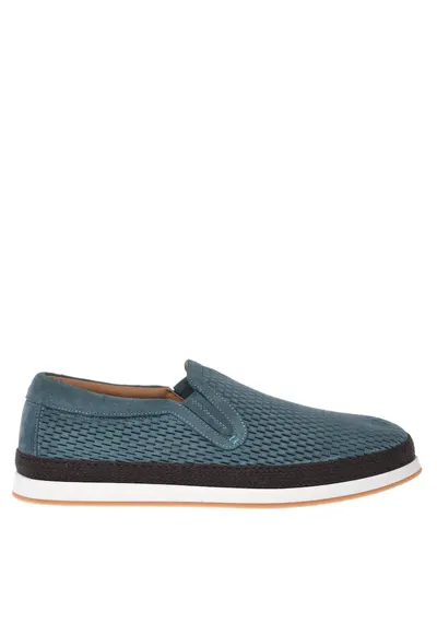 Pantofi loafer de piele intoarsa cu perforatii - Albastru petrol