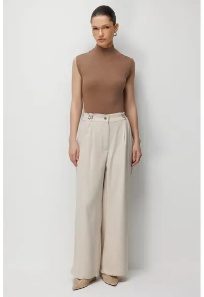 Pantaloni dama - talie inalta - picior larg - bej - poliester