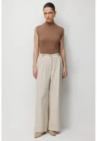 Pantaloni dama - talie inalta - picior larg - bej - poliester