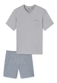 Pijama cu decolteu in V si pantaloni scurti - Gri deschis/Albastru