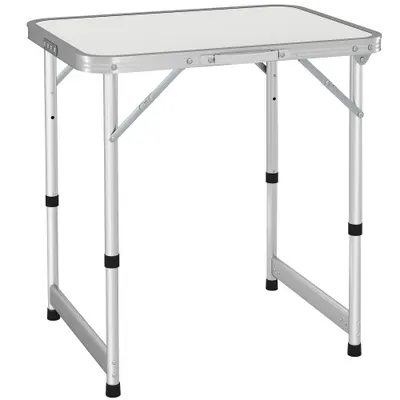 Outsunny Masă de Camping Pliabilă, Masă Universală, Masă de Transport pentru Grădină, Masă Pliabilă Reglabilă, Aluminiu + MDF Alb 60 x 45 x 47,5/64 cm | Aosom Romania