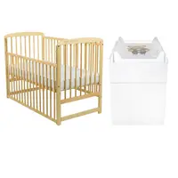 Set mobilier pentru copii, BabyNeeds: Patut din lemn de pin, cu laterala culisanta si somiera reglabila in 3 trepte, Ola, 120x60 cm + Saltea cocos-burete-cocos, 10 cm + Comoda cu masuta de infasat, Alb/Natur