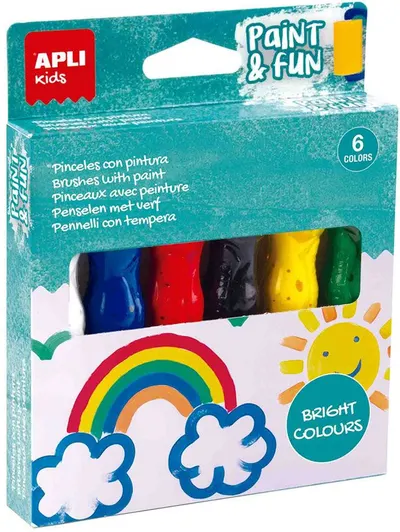 Vopsele tempera Apli - 6 culori de bază, cu pensulă