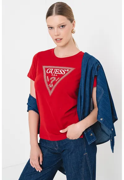 Tricou cu decolteu rotund si logo cu strasuri - Rosu inchis/Argintiu