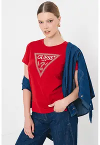 Tricou cu decolteu rotund si logo cu strasuri - Rosu inchis/Argintiu