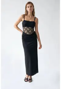 Rochie Maxi - Satin - Dantela - Negru