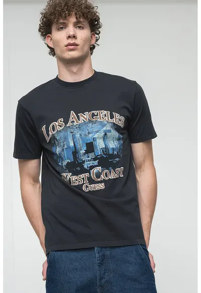 Tricou cu decolteu la baza gatului si imprimeu - Negru/Maro deschis/Albastru