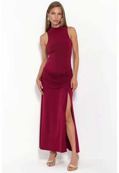 Rochie lunga casual - guler inalt - rosu burgundy - poliester-elastan