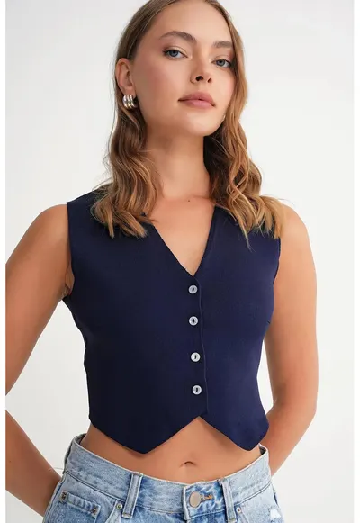 Vesta dama - Scurta - Decolteu in V - Albastru marin - Tricot
