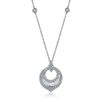 Lant cu pandantiv din aur alb cu diamante baguette si rotunde de 0.74ct
