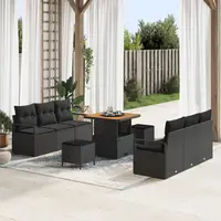 Set canapea gradina Gossi cu 9 piese si perne ratan poly negru acacia, canapea gradina cu 2 locuri Gossi cu perne ratan poly negru, set dining gradina cu 3 piese si perne Gossi ratan poly negru acacia