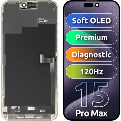 Display cu Touchscreen MP compatibil cu Apple iPhone 15 Pro Max, cu Rama, Versiune Premium Soft OLED FHD 120Hz Diagnostic, Negru