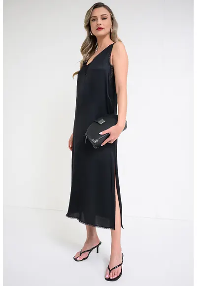 Rochie din satin cu insertii de dantela si slit lateral - Negru