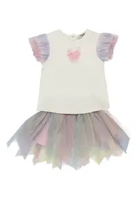 Set 2 piese: tricou si fusta tutu - Rainbow - Multicolor - pentru fetite - Alb