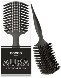 Perie profesională de păr Cocco - Aura Vent Boar Brush, cu păr natural, neagră
