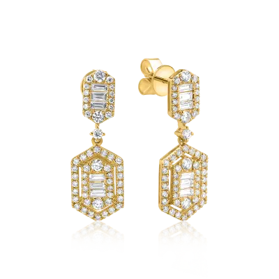 Cercei din aur galben cu diamante baguette si rotunde de 1.2ct