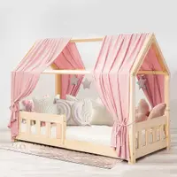 Pat copii montessori tip casuta, LittleAmy, Angel Nest, Balustrade cu bare plate, Natur, 80 x 160 cm