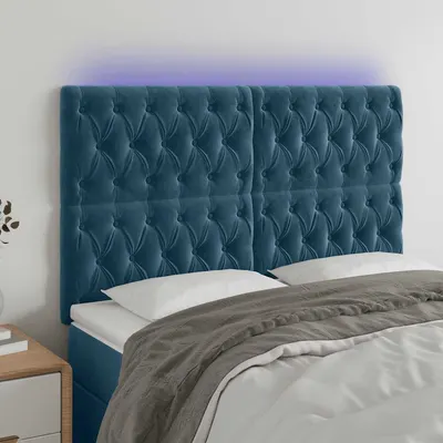 vidaXL Tăblie de pat cu LED, albastru închis, 144x7x118/128cm, catifea