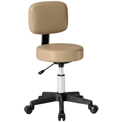 HOMCOM Taburet cu roți reglabil pe înălțime cu spătar 72-84 cm, 360° rotativ, scaun de lucru pentru birou, salon, maro deschis | Aosom Romania