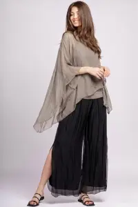 Bluza asimetrica din matase naturala si vascoza tip poncho, bej inchis