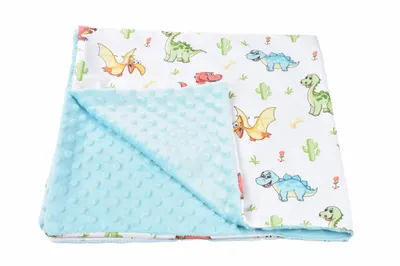 Paturica din bumbac model dinozauri si plus minky bleu 80x80 cm