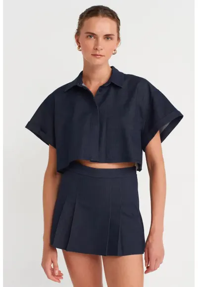 Camasi dama - camasa scurta bleumarin - casual - lejer - cu nasturi - 63% poliester