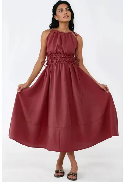 Rochie lunga detalii elastice - rosu - modal-poliester