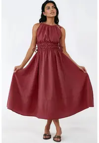 Rochie lunga detalii elastice - rosu - modal-poliester